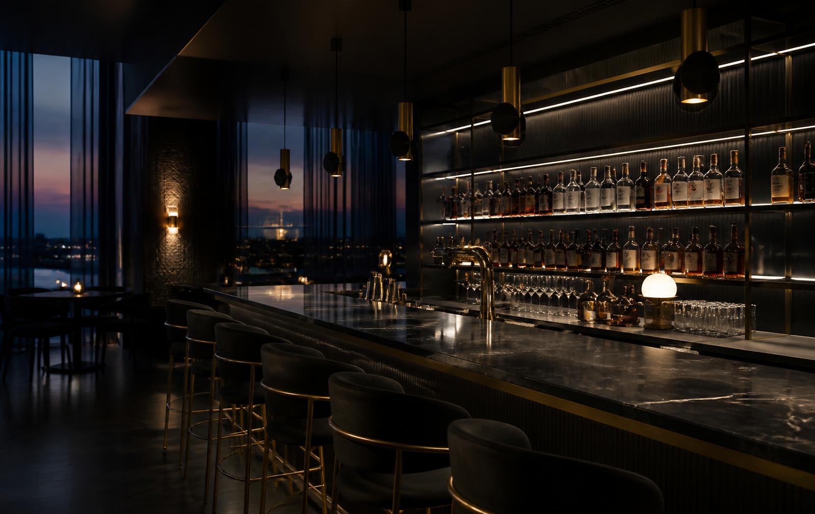 Dark contemporary hotel bar with brass detailing at dusk